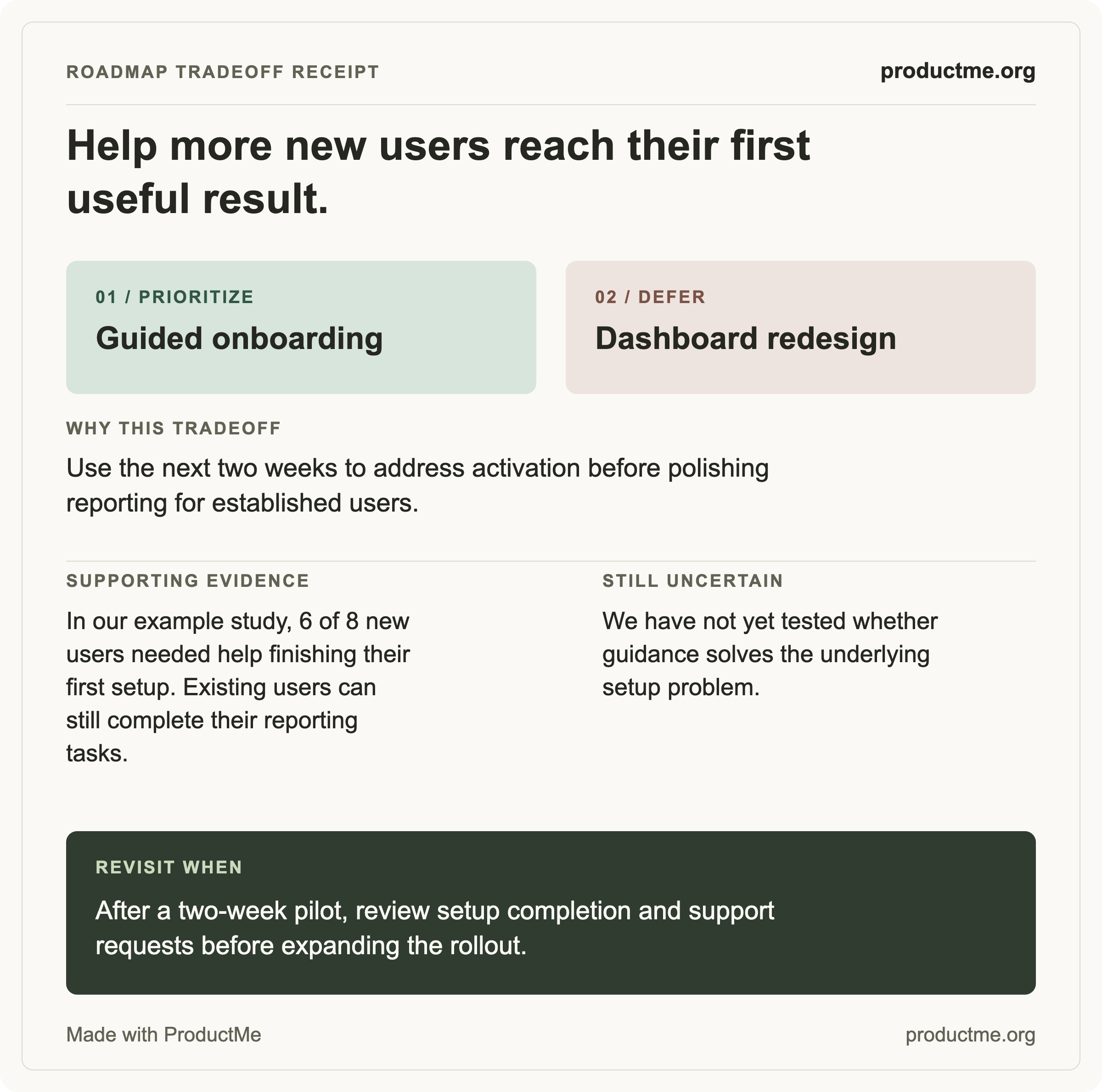 Example receipt showing guided onboarding prioritized and a dashboard redesign deferred.